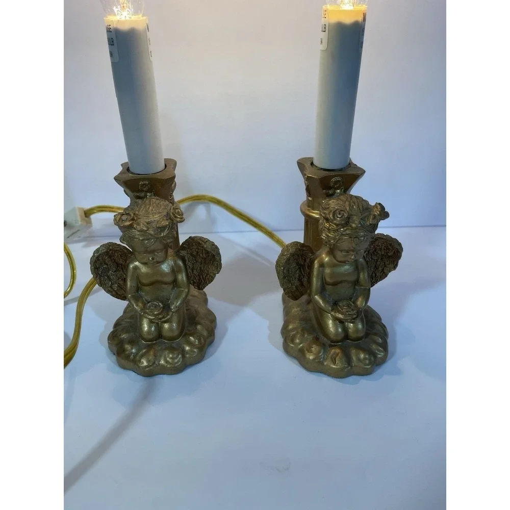 2 Vintage Angel Cherub Electric Candle Lamps Gold Tone‎ Working
